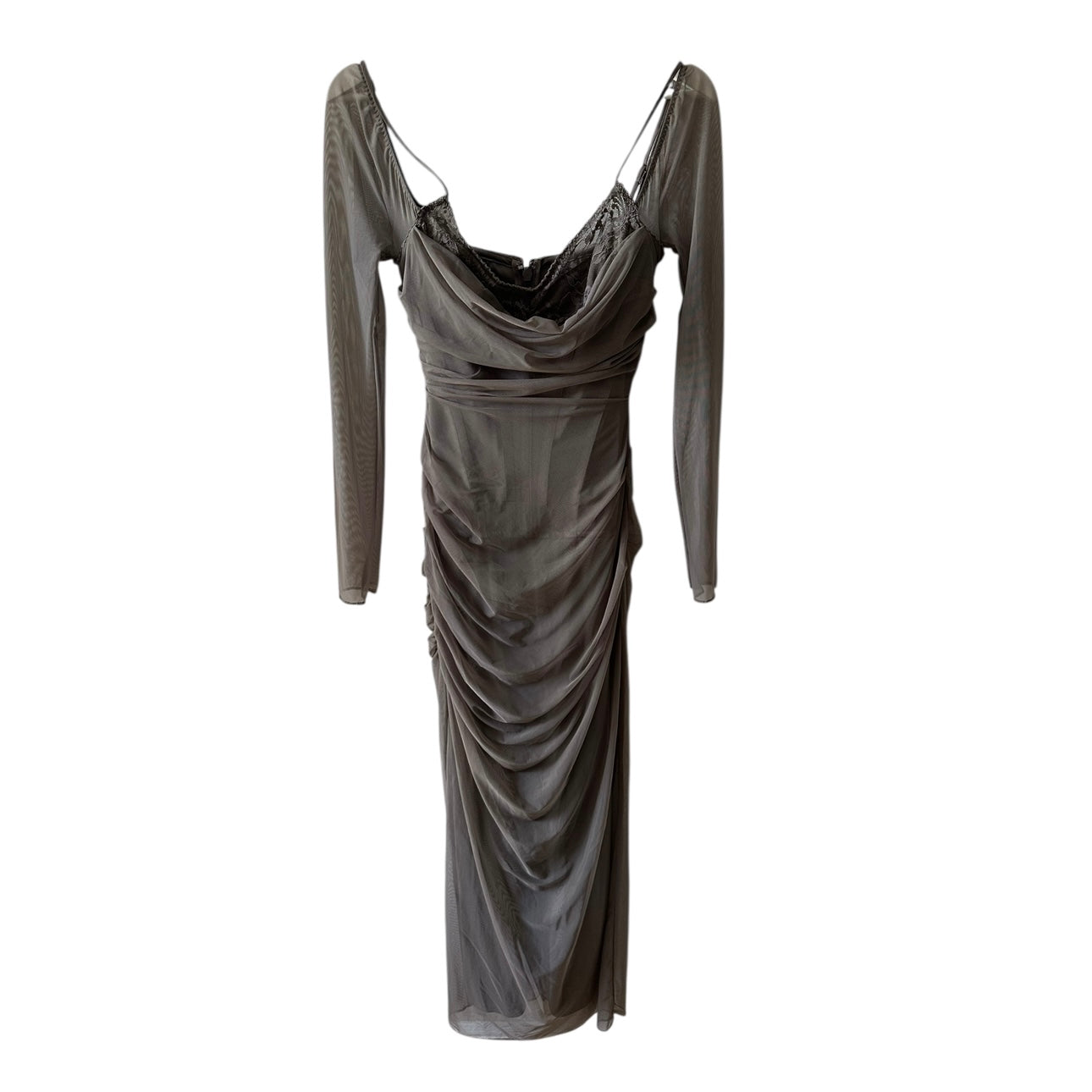 House Of CB Katrina Lace Mesh Long Sleeve Gown In Pebble Grey Size S
