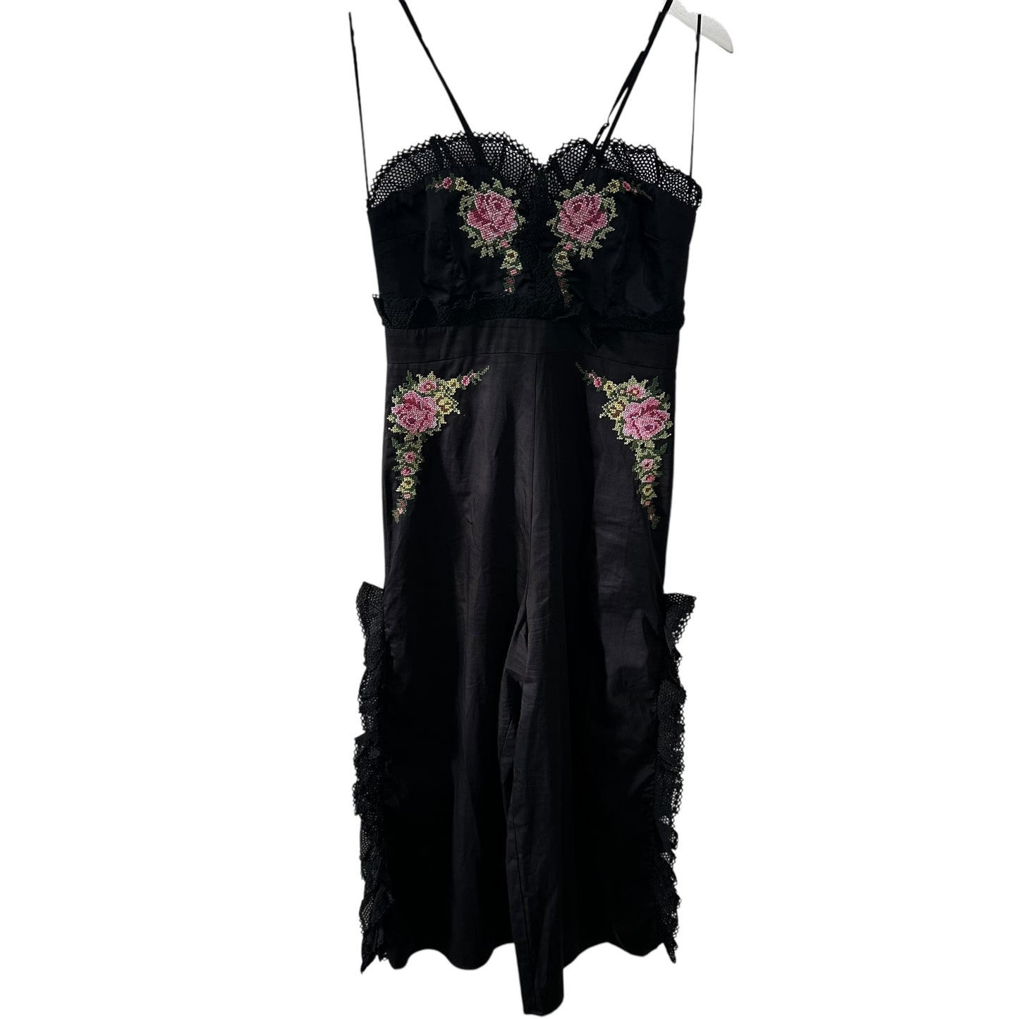 Alice Mccall At Last Embroidered Ruffle Jumpsuit Black Floral Size 4