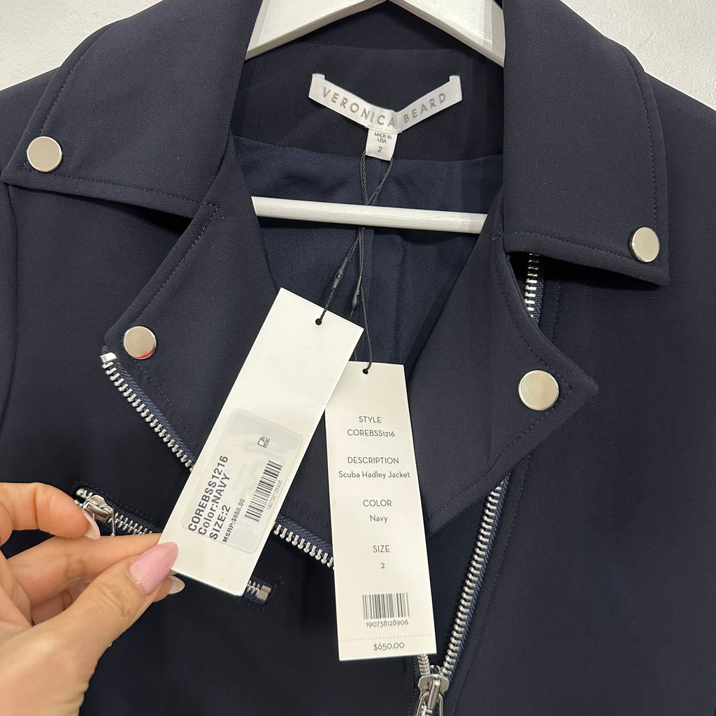 Veronica Beard Scuba Hadley Moto Jacket Navy Size 2
