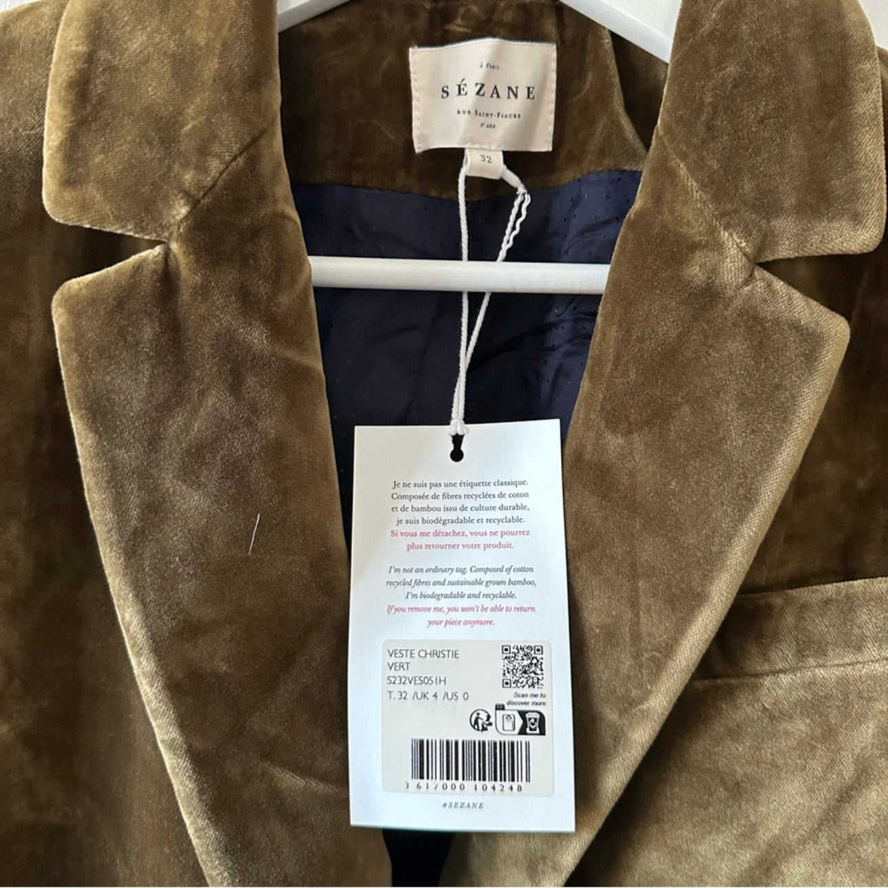 Sezane Christy Velvet Green Jacket Size 0