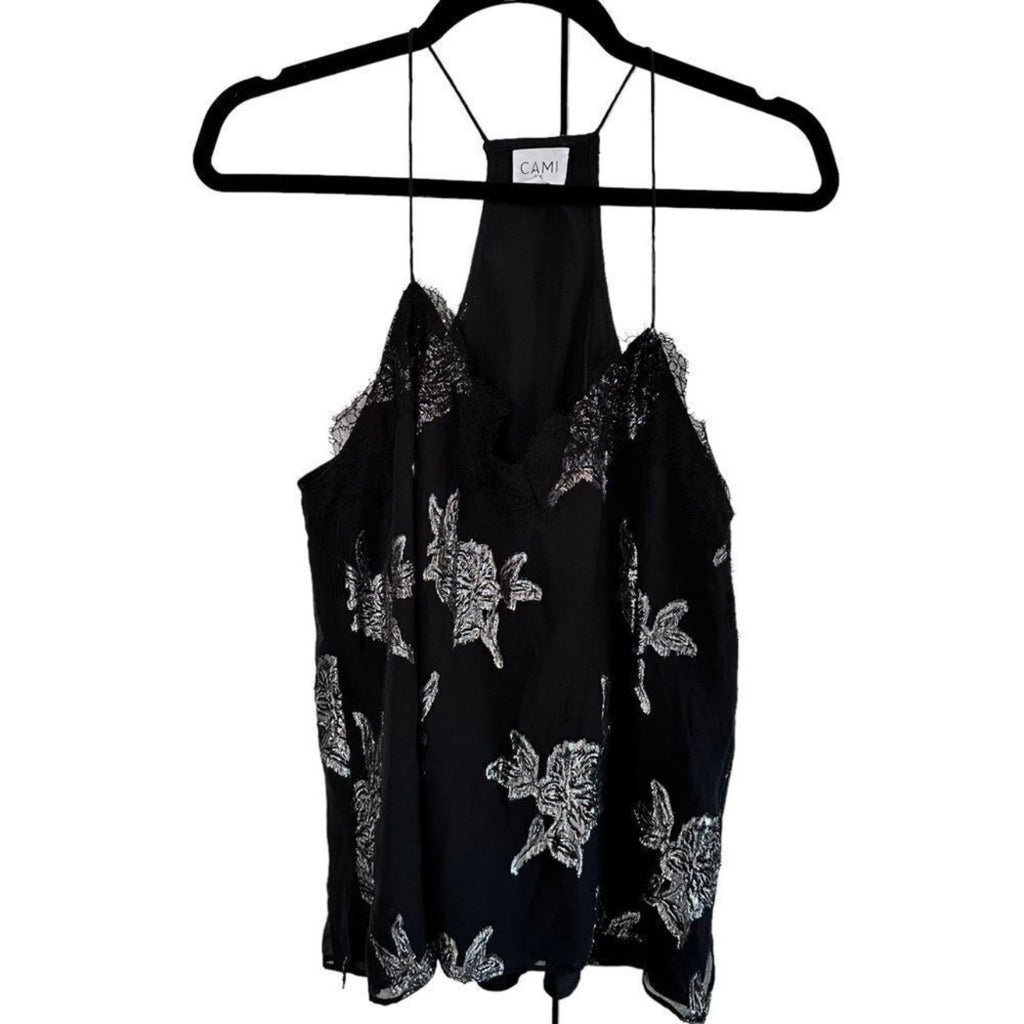 Cami NYC The Racer Black Silk Floral Lace Trim Metallic Embroidered Size S