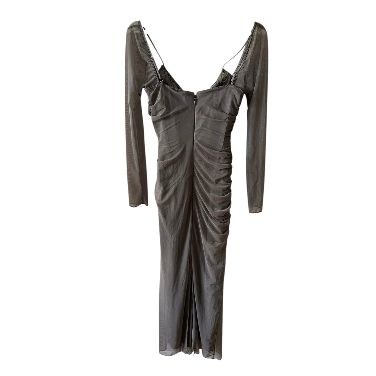 House Of CB Katrina Lace Mesh Long Sleeve Gown In Pebble Grey Size S