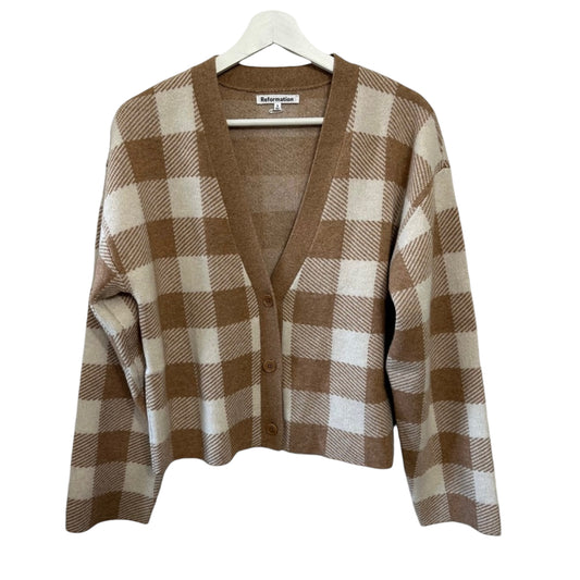 Reformation Fonte Brown Check Cashmere Cardigan Size S