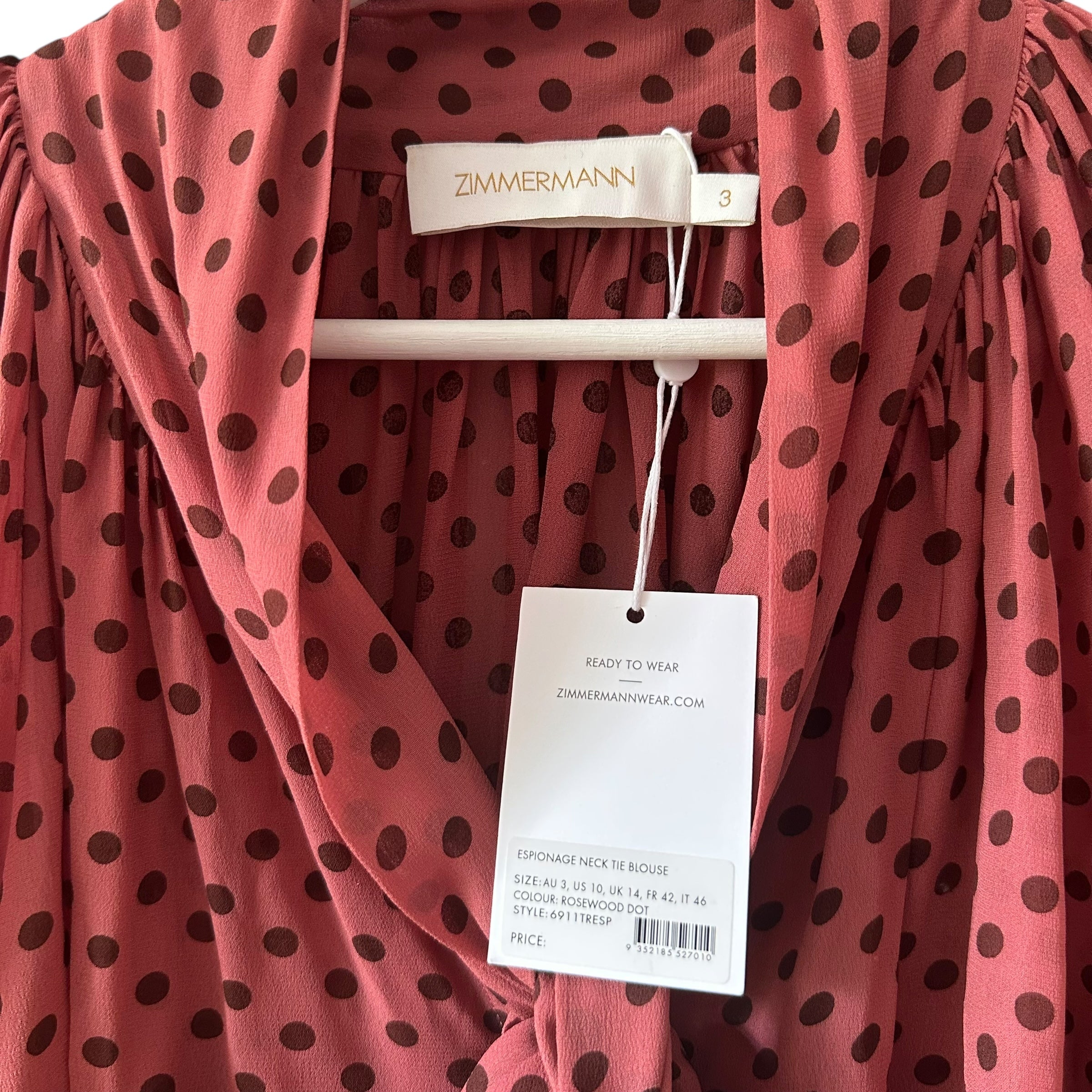Zimmermann Espionage Neck Tie Blouse Rosewood Size 10