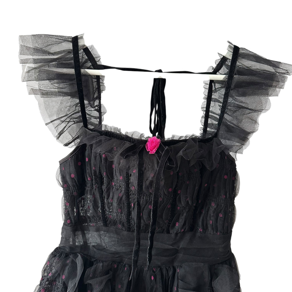 For Love & Lemons Janelle Polka Dots Tulle Rosette Goth Maxi Dress Size XS
