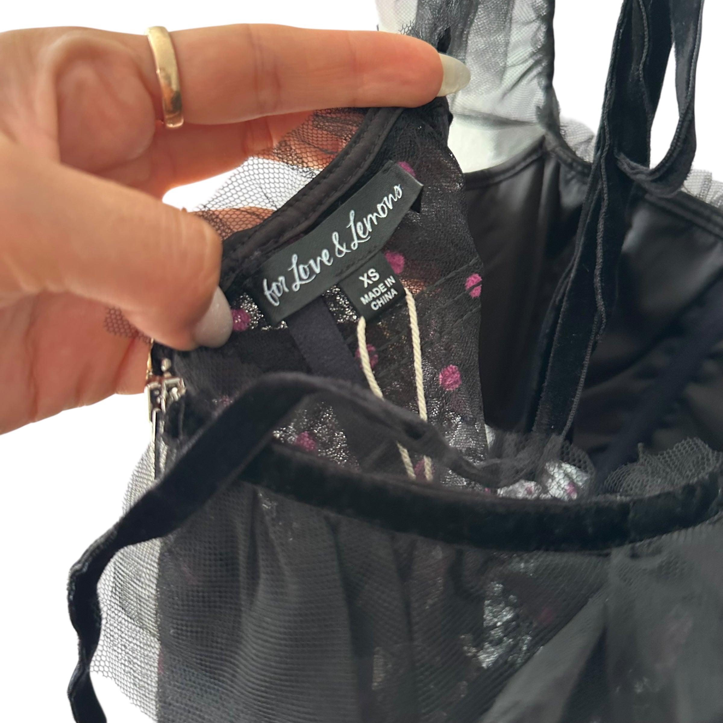 For Love & Lemons Janelle Polka Dots Tulle Rosette Goth Maxi Dress Size XS