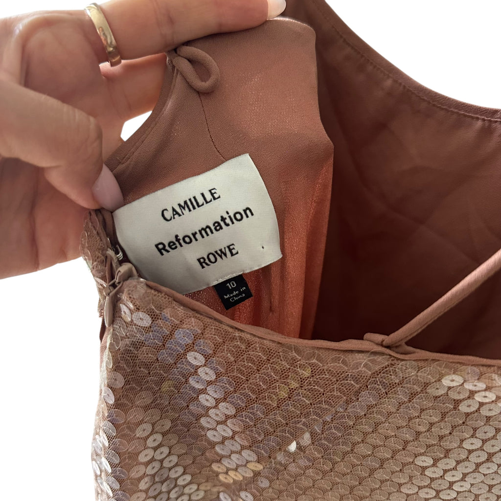 Reformation Bevelyn Sequin Dress Rose Gold Nude Size 10