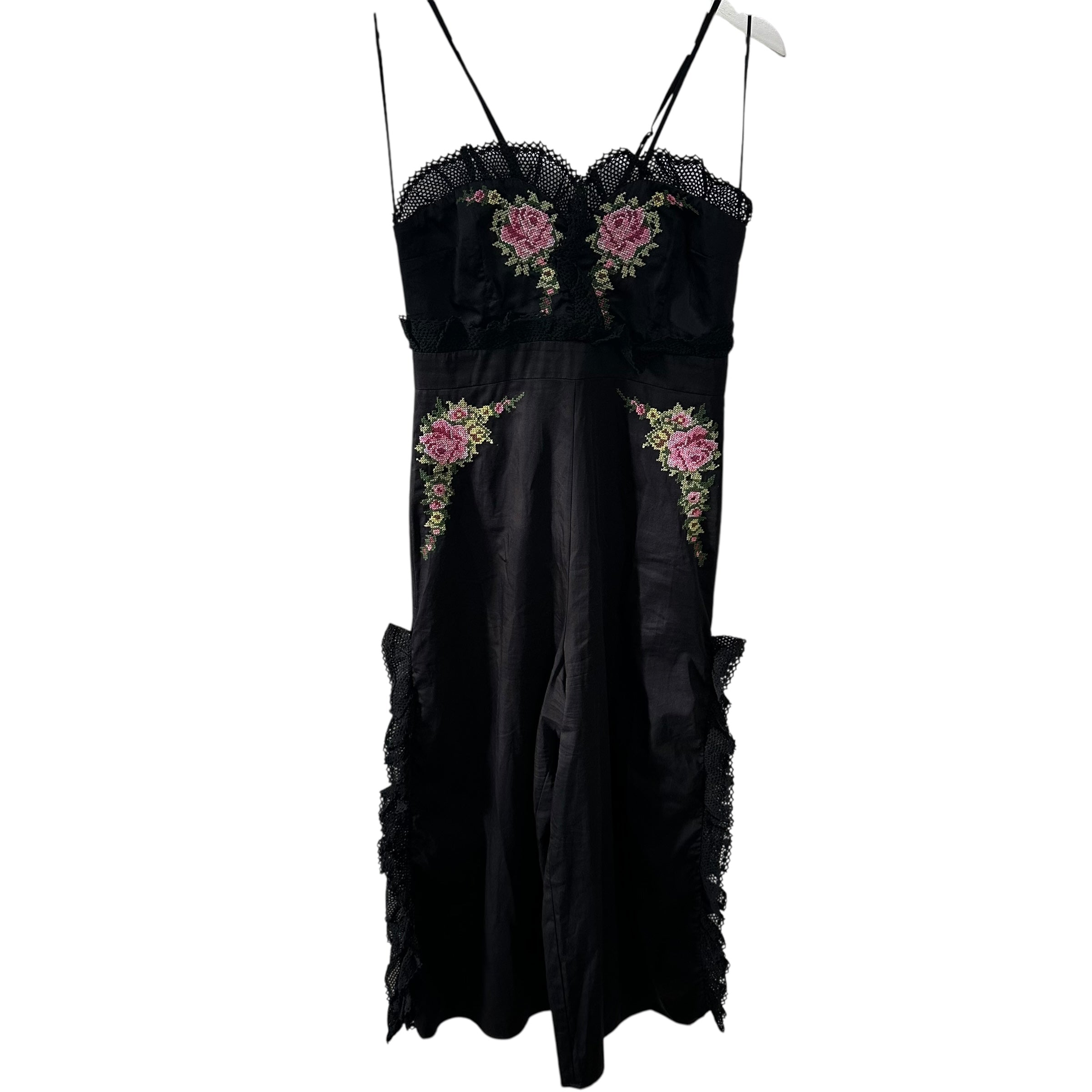 Alice Mccall At Last Embroidered Ruffle Jumpsuit Black Floral Size 4