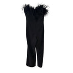 LIKLEY Desi Ostrich Feather-Trimmed Black Jumpsuit Size 6