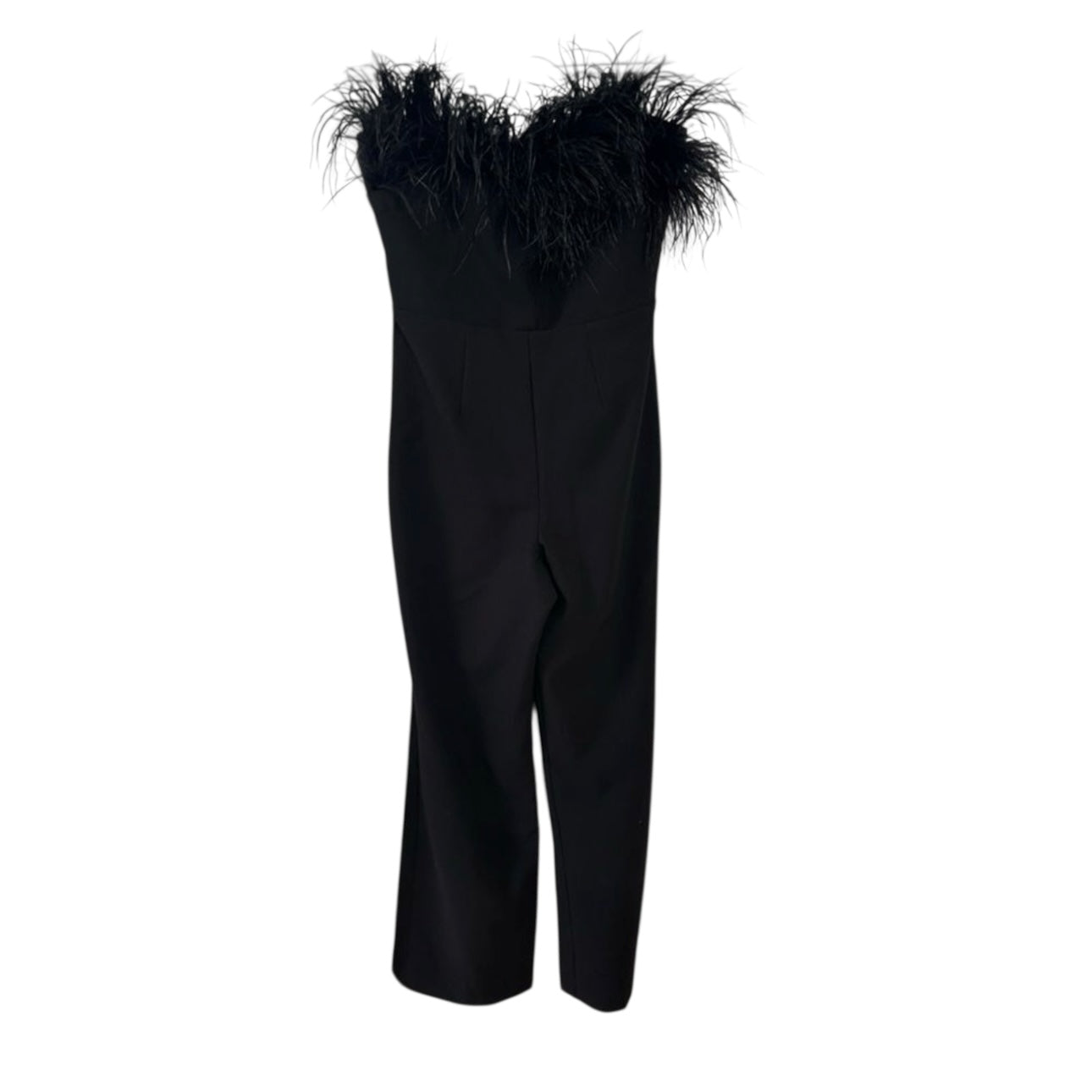 LIKLEY Desi Ostrich Feather-Trimmed Black Jumpsuit Size 6