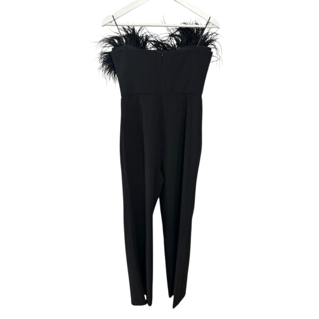 LIKLEY Desi Ostrich Feather-Trimmed Black Jumpsuit Size 6