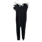LIKLEY Desi Ostrich Feather-Trimmed Black Jumpsuit Size 6
