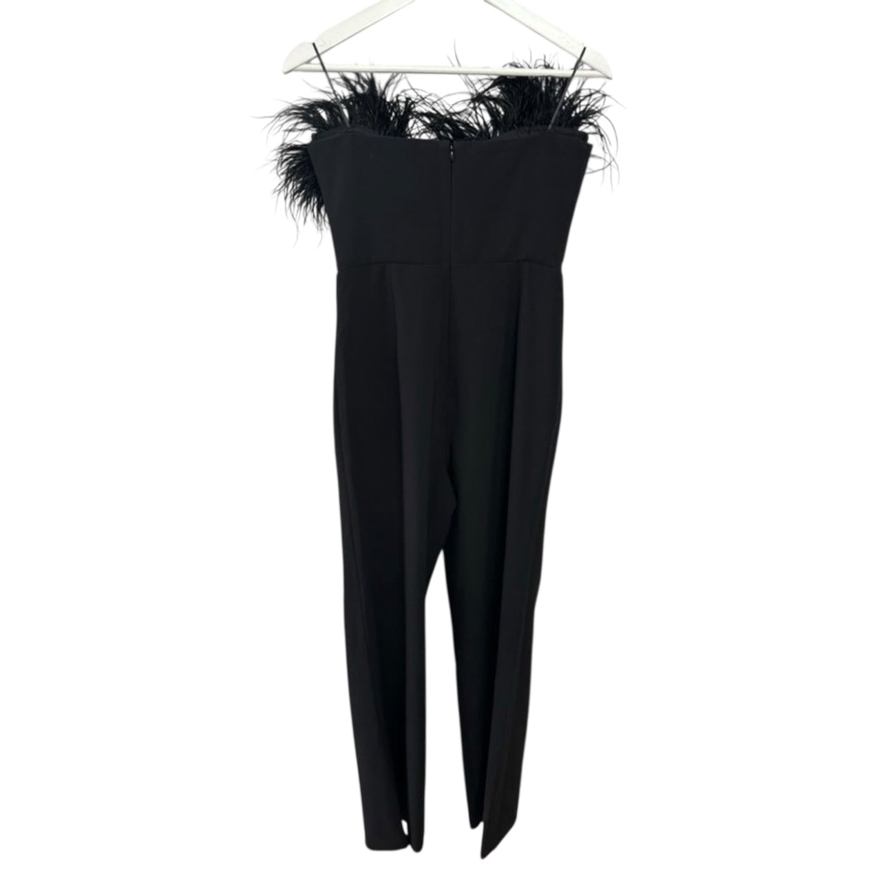 LIKLEY Desi Ostrich Feather-Trimmed Black Jumpsuit Size 6