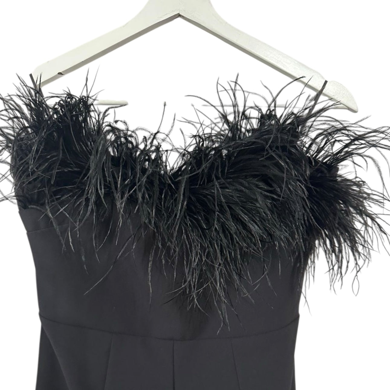 LIKLEY Desi Ostrich Feather-Trimmed Black Jumpsuit Size 6