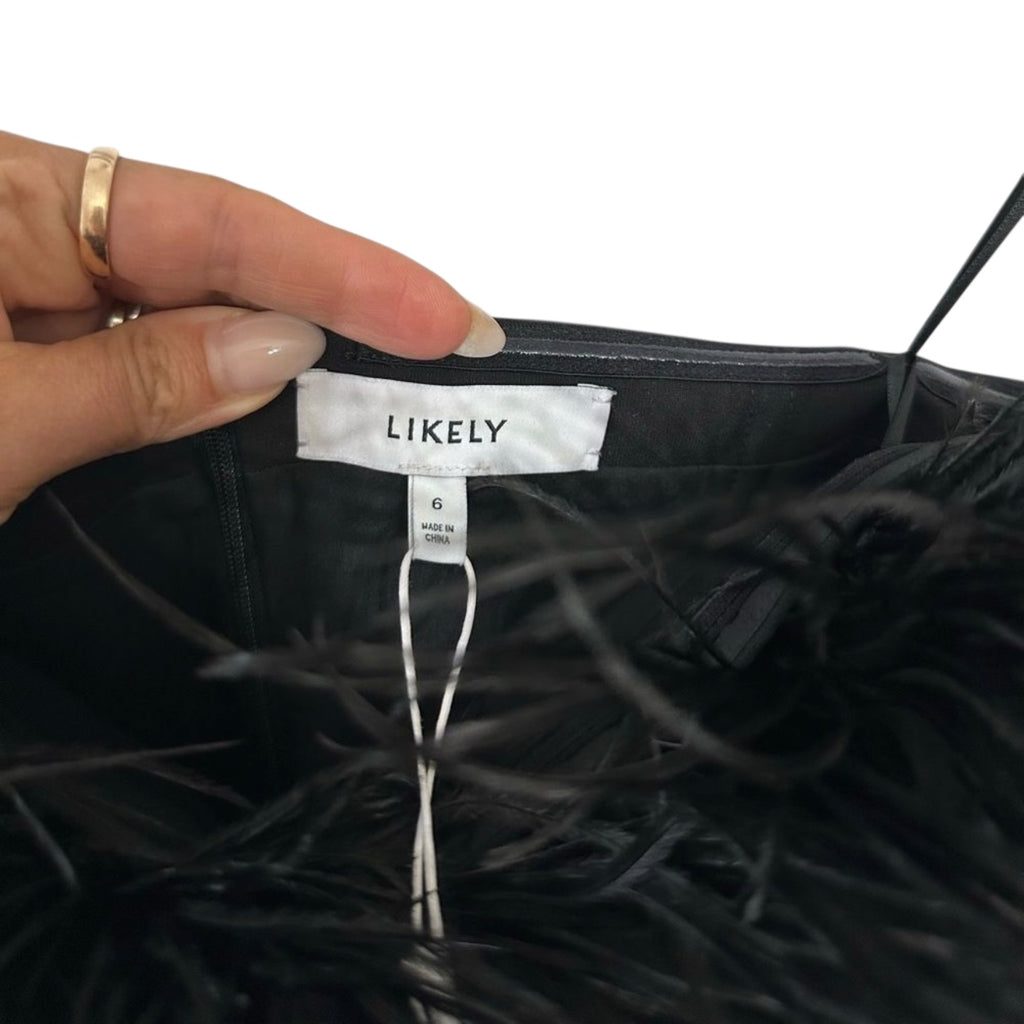 LIKLEY Desi Ostrich Feather-Trimmed Black Jumpsuit Size 6