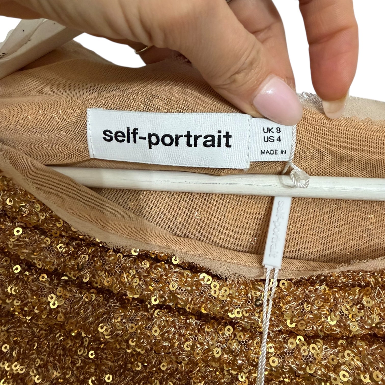 SELF-PORTRAIT Asymmetric Gold Sequined Crepe Top Size 4
