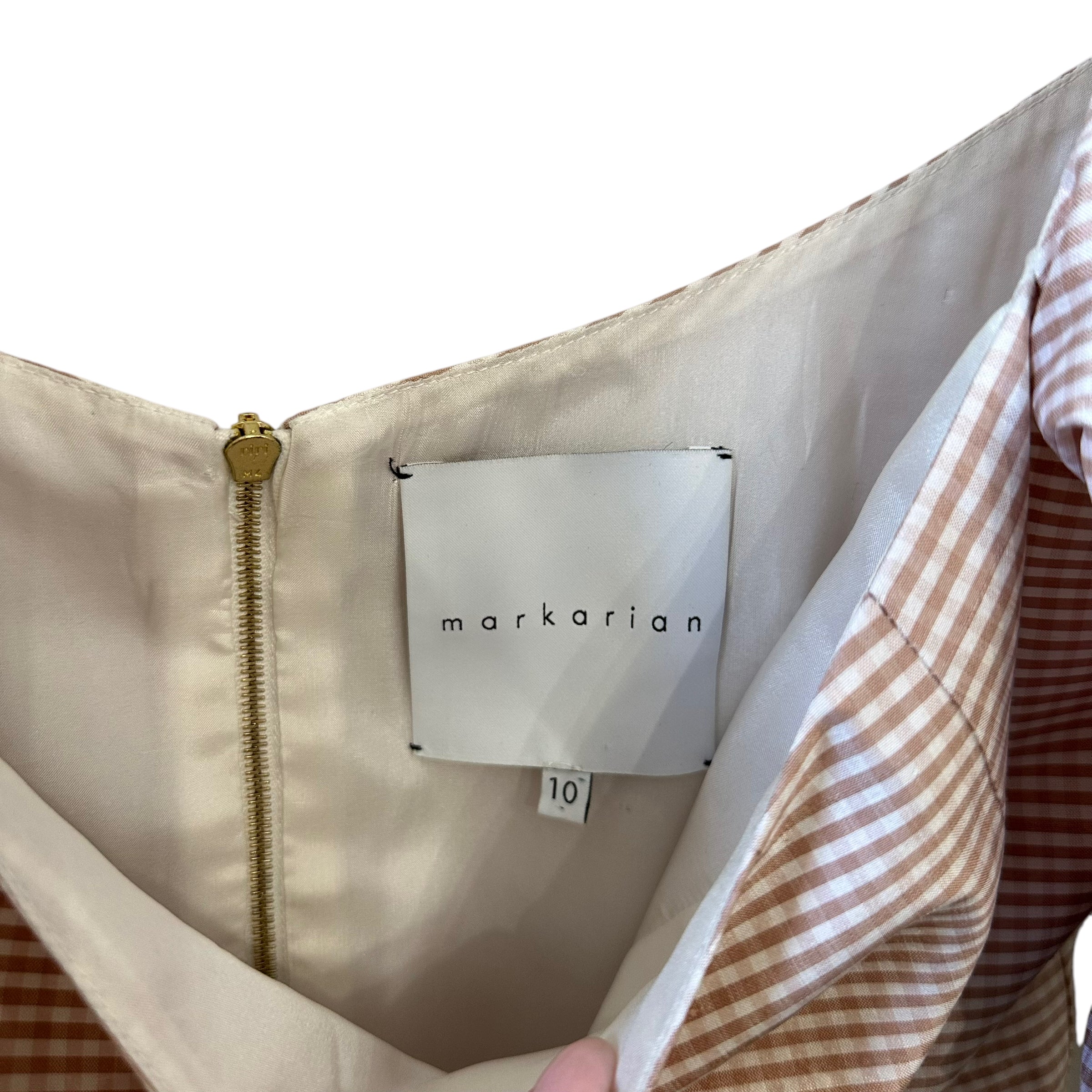 MARKARIAN Mrytle Blush Gingham Silk Puff Sleeve Top Size 10