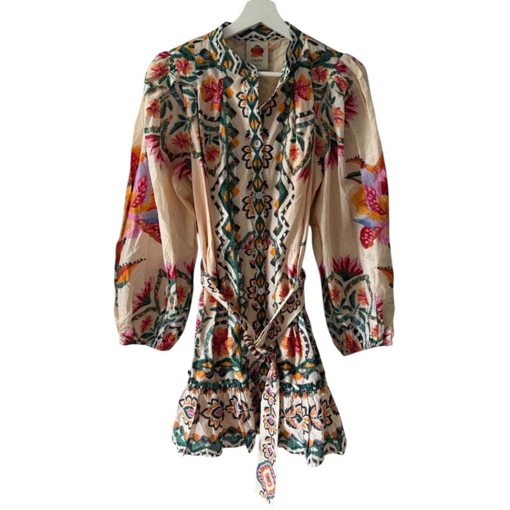 FARM Rio Cream Lucy Floral Tapestry Long Sleeve Mini Dress Size S
