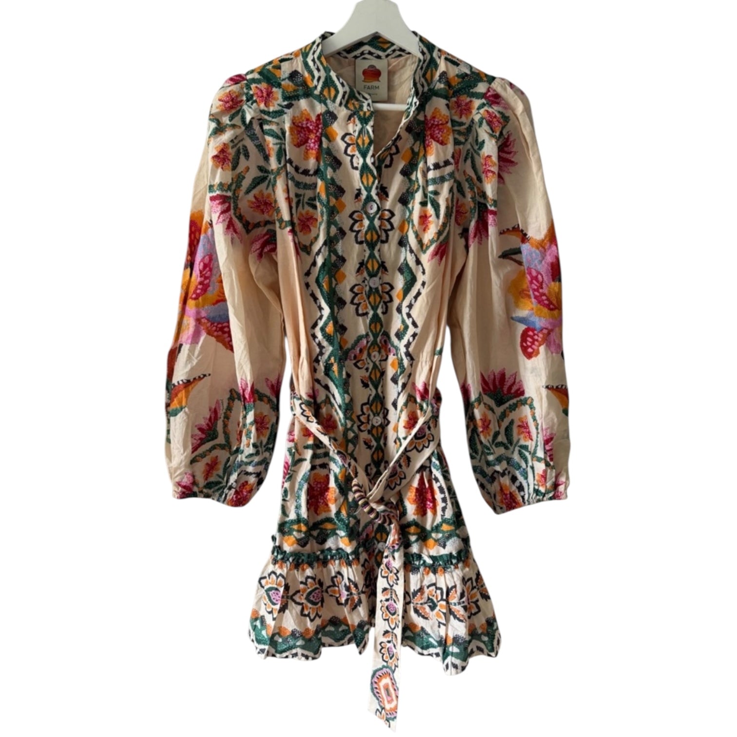 FARM Rio Cream Lucy Floral Tapestry Long Sleeve Mini Dress Size S