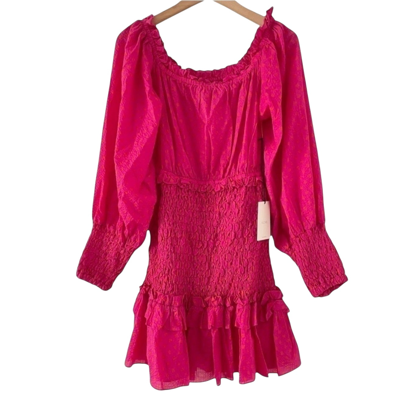 Alexis Polka-dot Off Shoulder Cotton Fuchsia Dress Size L