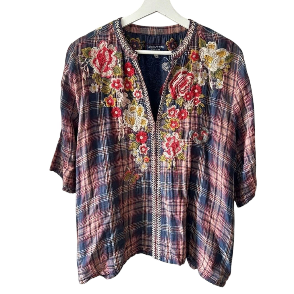 Johnny Was Workshop Plaid Embroidered Floral Top Size M