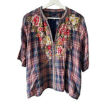 Johnny Was Workshop Plaid Embroidered Floral Top Size M