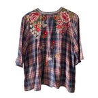 Johnny Was Workshop Plaid Embroidered Floral Top Size M