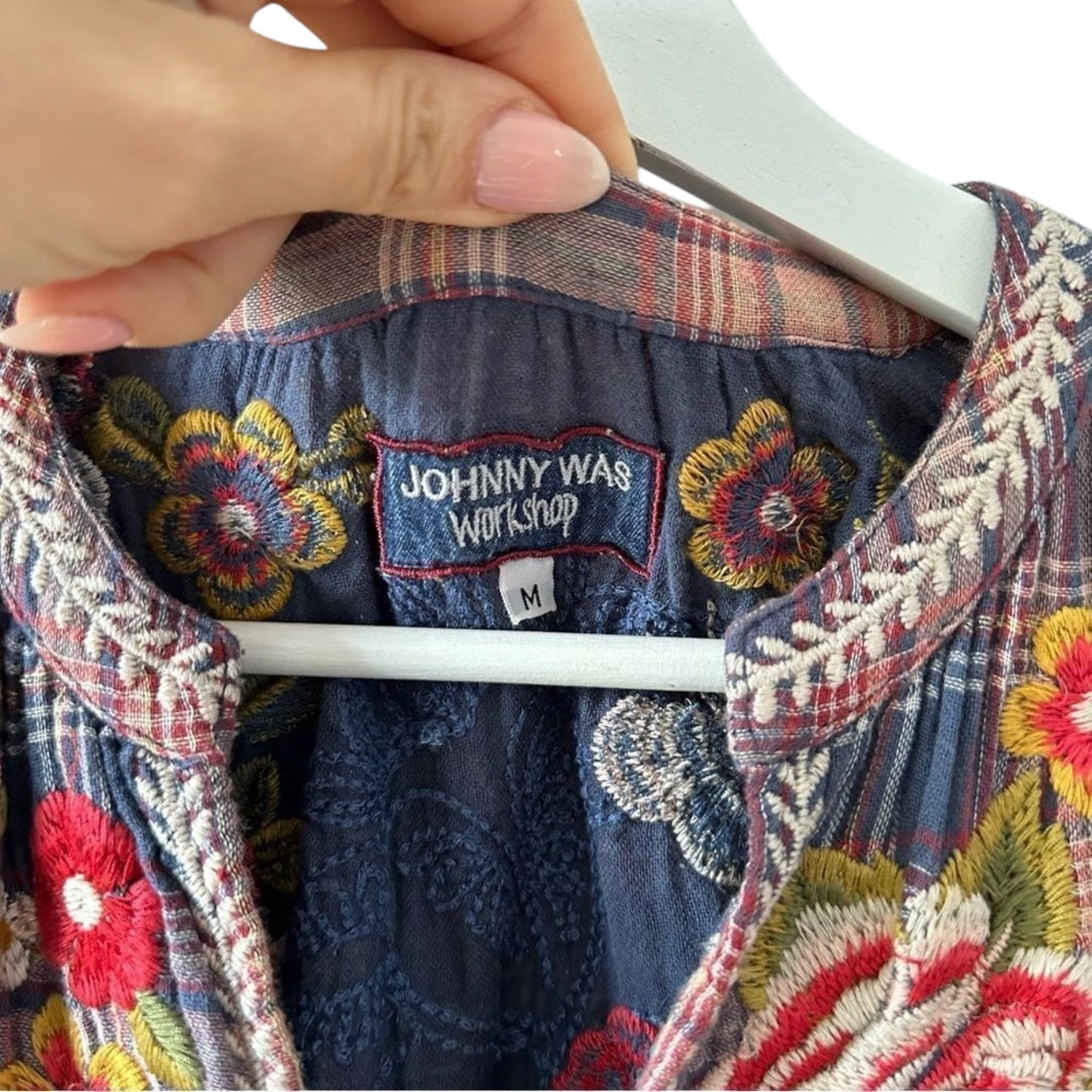 Johnny Was Workshop Plaid Embroidered Floral Top Size M