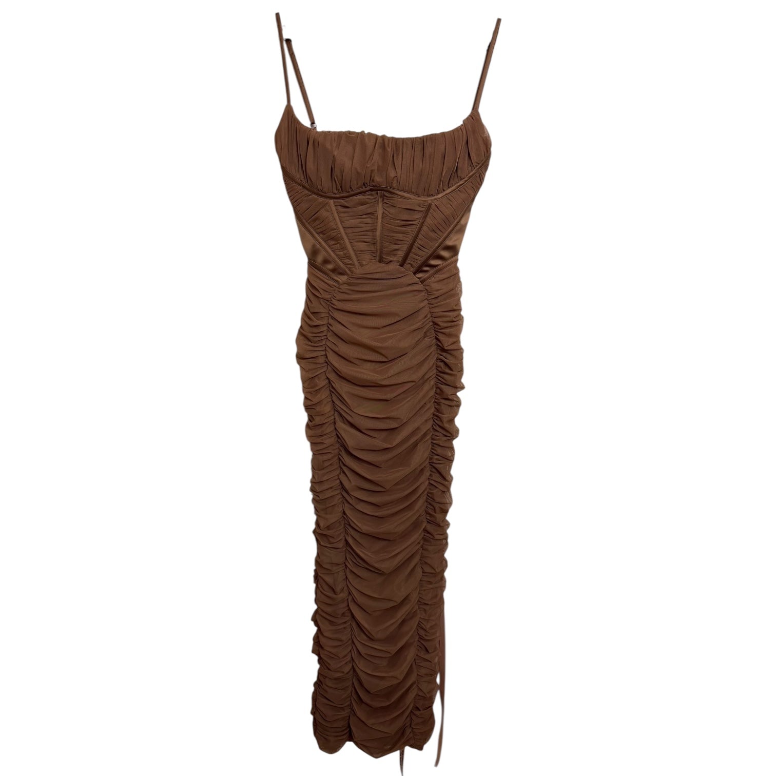 House Of CB Lillian Corset Ruched Mesh Bodycon Maxi Dress Mocha Size S